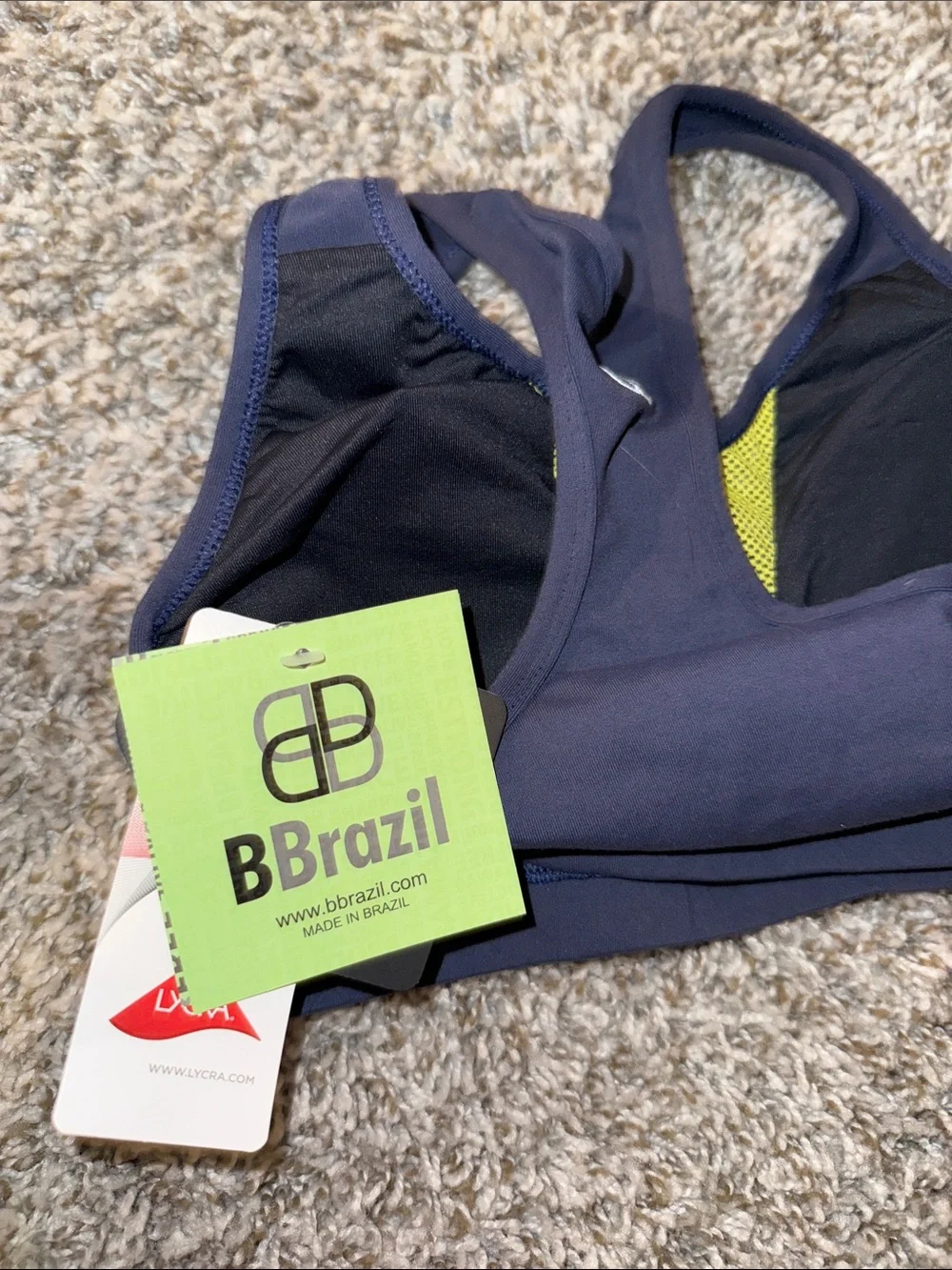 Navy Sports Bra with Yellow Mesh V-Panel - Women's High Support